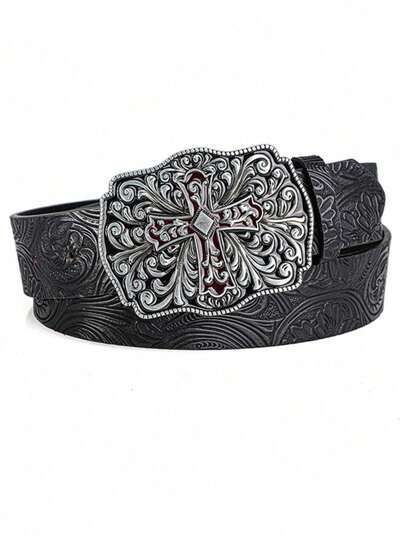 1pc Retro Belt Bohemian Style-Chic Black Faux Leather Belt With Vintage Carved Buckle - Fashion Personalized Belt For Men Women Punk Rock Y2K Style - Versatile For Jeans, Dresses & Casual Wear & Party