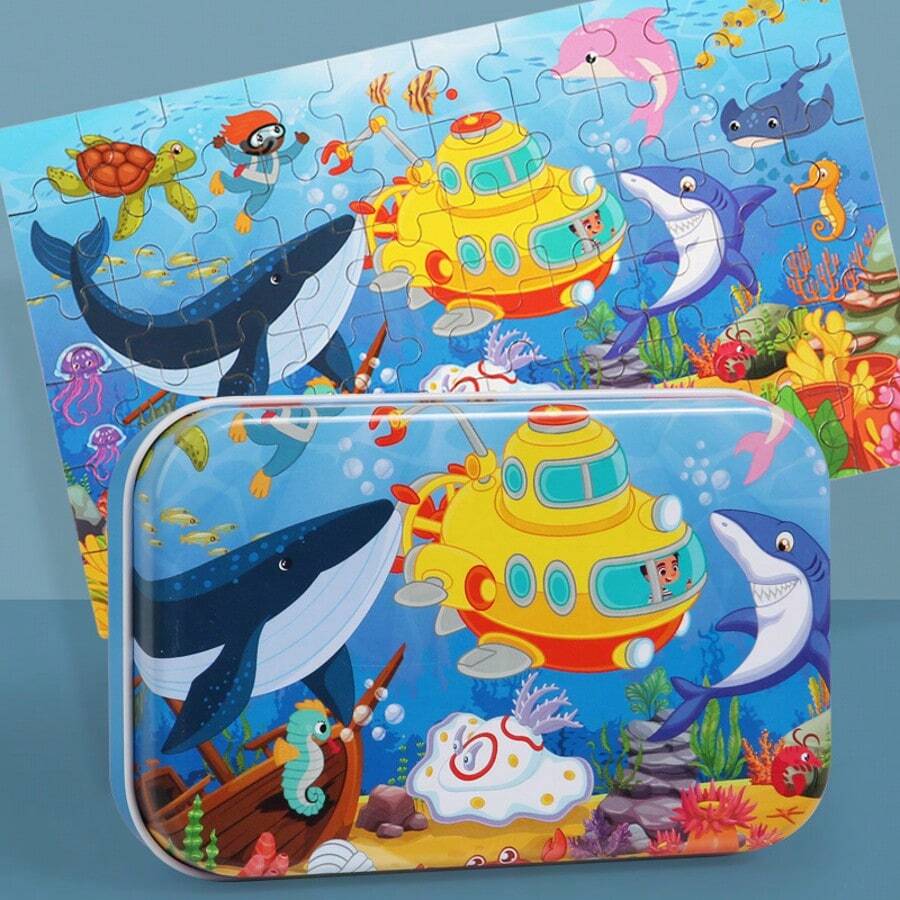 60pcs/Box Animal Puzzle - With Metal Box, Educational Cognitive Puzzle, Colorful Farm Animals, Durable Paperboard Material, Suitable For Boys & Girls, Enhances Cognition & Creativity, Interesting Illustrations, Children Puzzle Toy