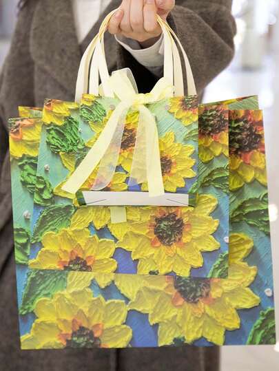 1/5 Packs 2D Oil Painting Pattern Gift Paper Bags With Ribbon, Portable Paper Gift Bags, Gift Bags With Hand Rope, Tote Bags, Cloud And Petal Cream Color, Suitable For Wedding Ideas, Wedding Gifts, Birthday Decorations, Birthday Gift Bags, Wedding Party Gift Bags, Bachelor/Bachelorette Parties, Wedding Guest Gifts, Valentine's Day (2D Flat Printing)