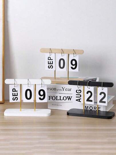 男女通用黑白桌面翻页日历，翻页式日期卡，金属环装饰，耐用木质和纸质材料，简约现代桌面装饰，适用于家庭和办公室。