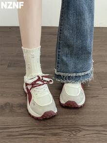 NZNF 2025新款白色厚底运动鞋，复古低帮休闲鞋，修身显瘦，秋季款 - 紅色 - 查看 2