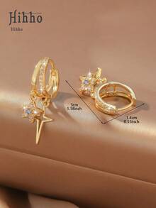 Hihho 1 Đôi bông tai khoen tròn hình chữ thập và sao băng đính đá Cubic Zirconia sang trọng tối giản, mạ vàng, bản rộng, thiết kế độc đáo dành cho công sở/tiệc tùng. - Sao băng chữ thập - Xem 6