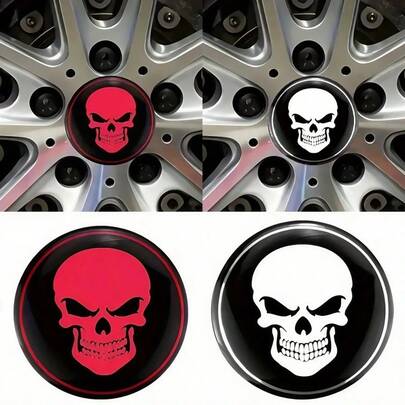 4pcs Red & White Skull Center Decorative Stickers, Suitable For 4-Piece Metal Skull Center Caps Of Various Models, Strong Visual Impact, Suitable For Owners Pursuing Personalized, Retro Or Sports Style, Can Quickly Enhance The Recognizability Of The Wheel Hub, 5.6cm/2.2" Wheel Center Decor, Applicable To Cars, Motorcycles, Trucks, SUVs, Etc.