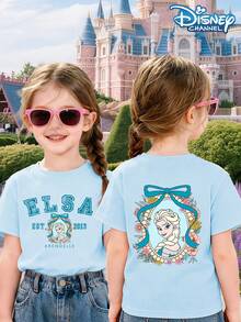 Disney Girls' T-Shirt Top With Frozen Elsa Princess Print And Letter Pattern - Casual And Cute Summer Everyday Wear - Round Neck Short Sleeve - 淺藍色 - 查看 1
