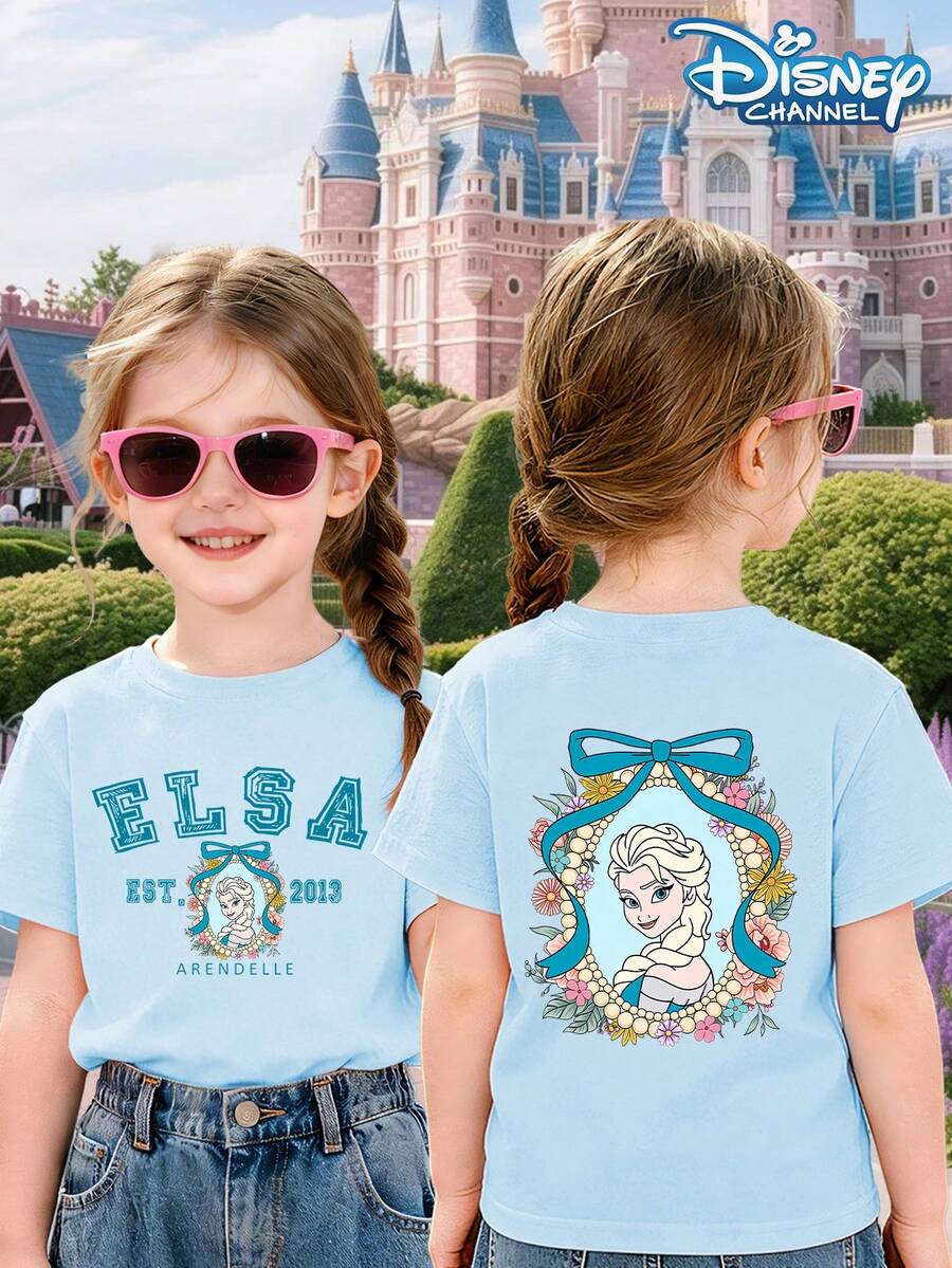 Disney Girls' T-Shirt Top With Frozen Elsa Princess Print And Letter Pattern - Casual And Cute Summer Everyday Wear - Round Neck Short Sleeve - 淺藍色 - 查看 1