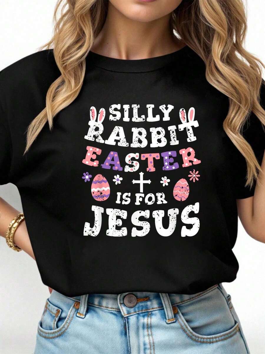 100% Cotton Unisex Silly Rabbit Easter Is For Jesus Easter Sunday Costume For T-Shirt Casual Fashion Top - Black - View 1
