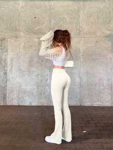 OQQ Women's 1 Piece Yoga Pants Ribbed Seamless Workout High Waist Bell Bottoms Flare Leggings - 米色 - 查看 4
