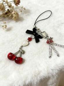 Móc khóa điện thoại hình nơ anh đào dễ thương, làm thủ công, đính hạt, phụ kiện hình ngôi sao tình yêu và sứa, phong cách Y2K độc đáo, dây đeo, phụ kiện túi xách - Đỏ - Xem 4