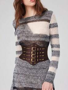 1pc Women's Street Style Brown Metal Buckle Sexy Slimming Adjustable Wide Waist Belt, Suitable For Dresses, Sweaters, Casual Outfits - Brown - View 3