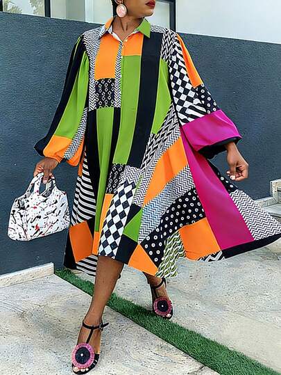 GLOURI Women's Multicolor Patchwork Shirt Dress - Shirt Collar With Long Balloon Sleeve & Flared Hem Detail | Fit For Weekend Markets, Vacation Getaways, Brunch Dates, Casual Gatherings & Everyday Wear (Bold, Vibrant & Statement-Making) For Eye-Catching, Confident Looks