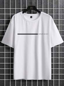 Plus Size Men Clothes, Letter Print Crew Neck Short Sleeve Casual T-Shirt, Classic, Versatile,   For Men - 白色 - 查看 4