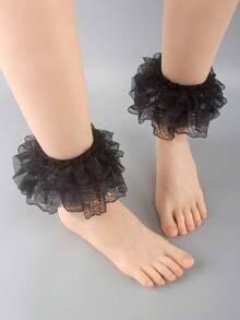 1 Paar Damen Schwarze Spitzen Blumen Trim Elastische Beinwärmer, geeignet für Partys, Hochzeiten, Lolita Stil Knöchelbündchen - Schwarz - Übersicht 3