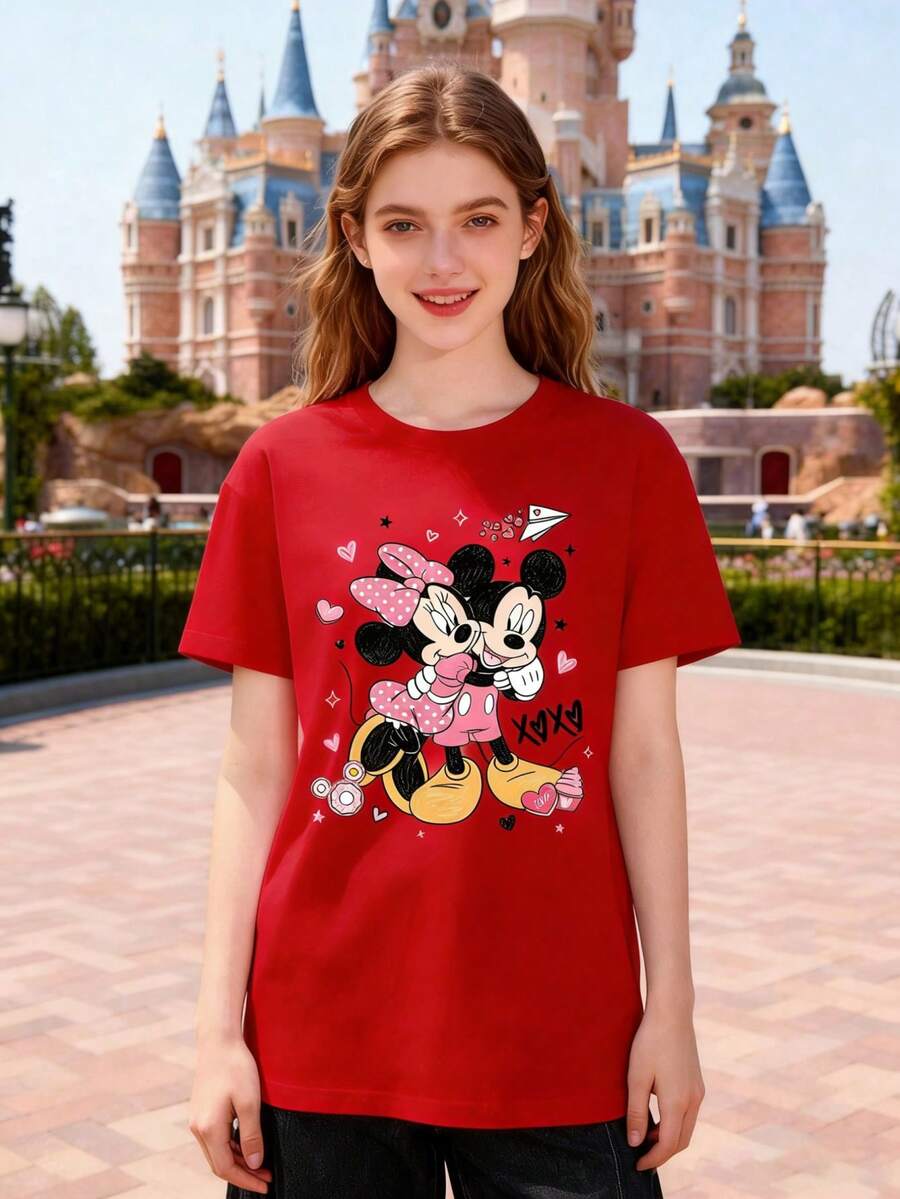 Disney & Valentine's Day "XOXO" Graphic Women's Short Sleeve T-Shirt Sweet & Romantic Casual Top - Red - View 1