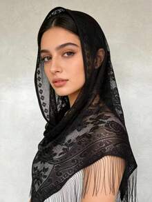 1条佩斯利花纹优雅涤纶蕾丝三角围巾，经典涤纶流苏时尚欧美风披肩，适合所有季节 - 黑色 - 查看 5