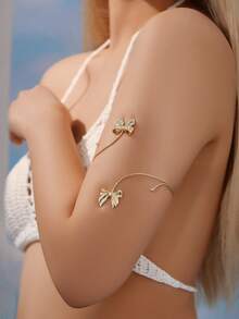 1 pieza Brazalete de moda con lazo, nuevo brazalete de verano con abertura y diseño exagerado para regalo a amigos y parejas - Dorado - Ver 2