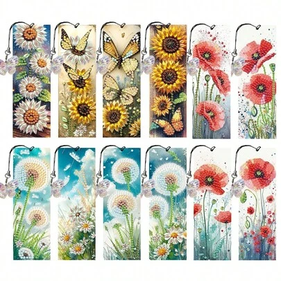 12pcs/Set DIY Diamond Painting Bookmarks - Butterfly & Flower Design, Multicolor Mosaic Decorations