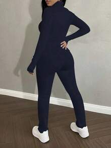 Top Choices For Valentine's Day Gifts,2pcs Women's Fashionable Fitted Solid Color Top With Zipper Jacket And Pants Set, Spring/Autumn|Elevated Athleisure|Boho Chic|Athletic Wear|Mother's Day Christmas Halloween Gift - Xanh đậm - Xem 5