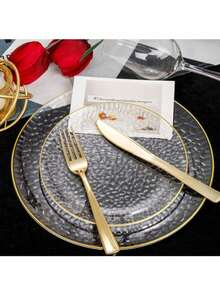 50/25/12pcs Transparent Hammered Gold Rim Plates, High-End Salad Plate, Cake Plate, Fruit Plate, Dessert Plate, Western Dinner Plate, 10.25 Inch And 7.5 Inch Plates, Suitable For Holiday Gifts, Family Gatherings, Parties, Outdoor, Weddings, Restaurants, Kitchens - Multicolor - View 8