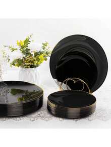 50/25/12件套黑色金色可重复使用餐具套装，锤纹边盘，金边，适用于派对、婚礼、生日和餐饮活动（圣诞节/情人节/母亲节），婚礼用品，活动餐具，时尚餐盘，优雅餐具，轻便耐用，是聚会和餐饮的理想之选。 - 黑色 - 查看 4