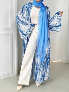 Women's Cardigan Open Abaya Dress - Pleated Sleeve - Chiffon - Multicolor - View 2
