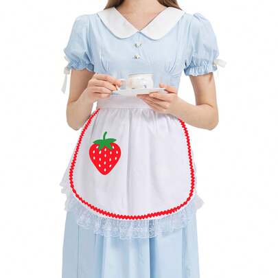 1pc/Set New White Apron With Strawberry Pattern, Petite & Fashionable Design Suitable For Cooking, Baking, Fruit Cutting, Ideal For Young Women