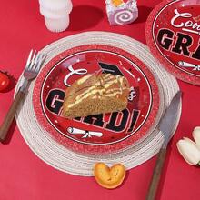 10pcs/20pcs/50pcs Red Graduation Party 9-Inch Disposable Paper Plates, Red & Black "Congrats Grad" Tableware, Red Glitter 2026 Graduation Party Plates With Mortarboard & Diploma Pattern, Suitable For High School & College Graduation Party, Commencement Night And Ball Celebration - Red - View 5
