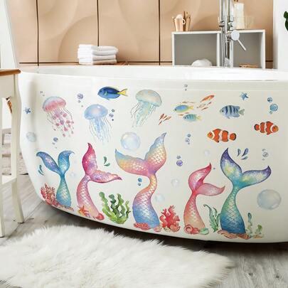 Hình dán tường hoạt hình, hình đuôi nàng tiên cá mộng mơ và hình sứa trang trí cho phòng tắm, phòng ngủ, phòng khách.