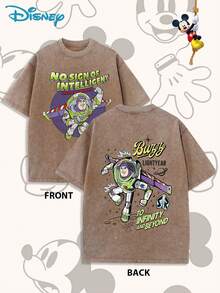 Disney Men's Casual Fashion Toy Story Buzz Lightyear Cartoon Printed T-Shirt Round Neck Comfortable Cotton Fabric, Suitable For Daily Fashion Street Wear, Men's Wear. - 卡其色 - 查看 1