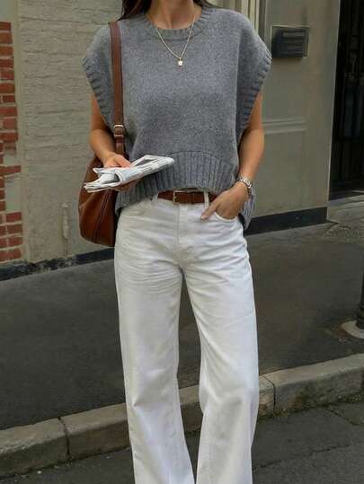 Mejors Women Casual Cute Round Neck Sleeveless Loose Knit Vest Tank Top, Solid Color Versatile Street Style, Suitable For Spring/Summer Outings, Dates, Campus, Vacation, Daily Wear, School, Home