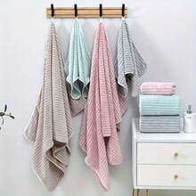 Super Soft And Comfortable 16-Piece Premium Bath Towel Set - Includes 4 Extra-Large Thick Bath Towels, 4 Hand Towels, And 8 Square Towels. These Highly Absorbent And Quick-Drying Towels Are Perfect For Home Use, Ideal For Bathrooms, Hotels, Showers, Gyms, Travel, Yoga, And Are An Essential Bathroom Accessory. - Bộ 16 món kẻ sọc rộng - Màu tím - Xem 6