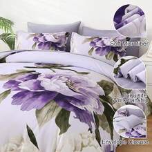 7 Piece Purple Floral Comforter Set Full/Queen/King Size Bed In A Bag, Blush Flowers Printed On Light Pink Comforter Set With Sheets, Soft Microfiber Botanical Bedding Set For Wedding Items,Home Bed Room Decor,Easter Gifts,Mothers Day Gift,All Season - Purple-090496 - 查看 4