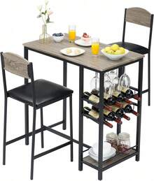 Mesa y silla de bar de 3 piezas para 2 personas, mesa de comedor de cocina con estante de vino y estantes de almacenamiento para espacio pequeño, mesa de altura del mostrador de cocina para el desayuno, apartamento - Gris - Ver 10