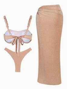 2026新款奢华闪亮泳衣比基尼罩衫套装，女士时尚吊带泳衣上装搭配高开衩扭结长裙，三件套，迷人海滩度假装扮 - 卡其色 - 查看 8