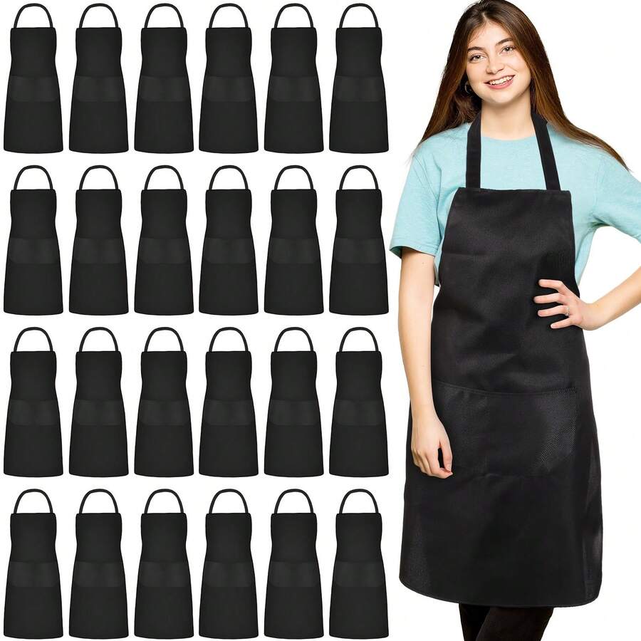 24/12Pack Adult Kitchen Aprons - Polyester Aprons, Adjustable Unisex Bib Style Aprons, Solid Color, Wear-Resistant And Stain-Resistant, Suitable For Cooking, Barbecue, Hairdressing, Waiters, Chefs And Outdoor Activities; Essential For Barbecue | Kitchen Uniforms | Handmade Uniforms - 24-pack Black - View 1