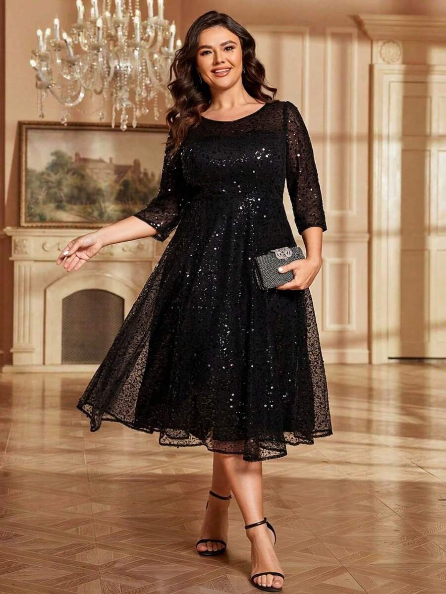 Plus Size Elegant Sequin Chiffon Bridesmaid Dress, Suitable For Spring/Summer Weddings, Galas, Graduations, Formal Occasions, Parties, Banquets Party Black - Black - View 1