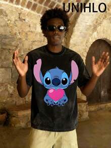 Disney UNIHLO  Stitch  Printed Summer Heavyweight Retro Washed Street Fashion Casual T-Shirt - 黑色 - 查看 2