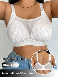 1pc Plus Size Women Minimalist Comfortable Wireless Bra, Mesh Patchwork, Knit Fabric - White - View 4