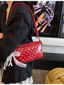 波点波士顿手提包，时尚百搭新款蕾丝风格女士单肩包 - 紅色 - 查看 4