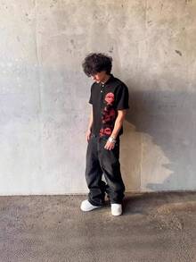 Men's Lip Print Vintage Polo Shirt, Short Sleeve Collared Button Up Casual Streetwear Top For Daily Party Club Outfits - 黑色 - 查看 2