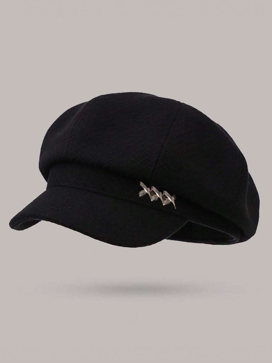 1pc Black Fabric Newsboy Cap, Irish Hat, Driver Cap With Metal Chain Decor, Fashionable Streetwear Hat For Women, Suitable For Spring, Autumn And Winter Daily Wear,Summer,Beach,Holiday,Travel - Style 1 - View 1