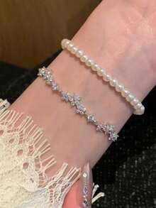 1pc Sparkling Cubic Zirconia 5-Petal Flower Bracelet, Elegant Adjustable Diamond Bracelet For Women, Copper Jewelry Suitable For Party, Daily Wear, Wedding - 均碼 - 查看 8