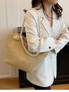 2025新款乡村风多功能女士单肩包，休闲大容量手提包，编织草编包，沙滩包，休闲风格 - 彩色 - 查看 9