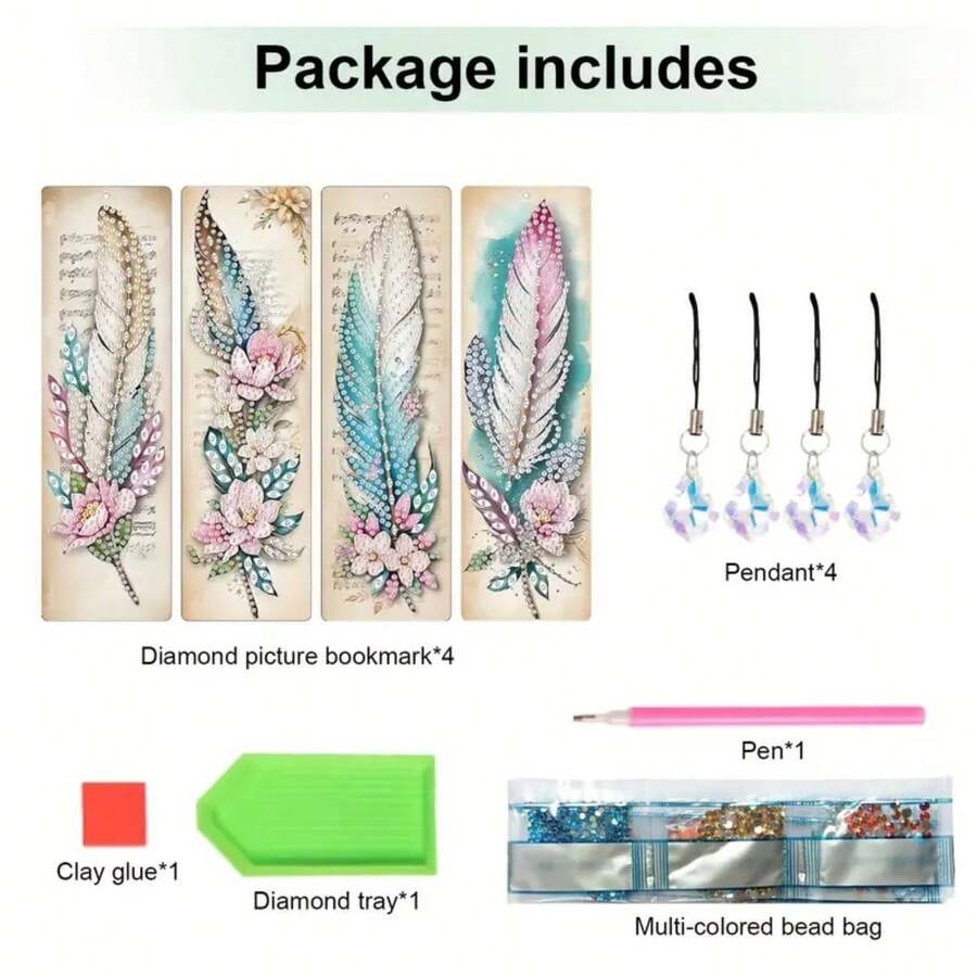 4件套钻石艺术书签，PET水晶钻石画书签带流苏，DIY手工工艺品，适用于家居、办公室、学校，成人艺术礼品