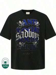 Offers And SalesLocal Store, Men's Shirts, Men's Shirts, Men's Clothing, Men's Shirts, Anti Social Sadboys Club 180G Black And White T-Shirt, Angel Design, High Quality Print, Round Neck, Basic Loose Fit, For Men And Women, Breathable, Versatile, Machine Washable, Comfortable, Size S ~ 3XL, Daily, Casual, Sporty, Summer Essential. Men's T-Shirt, Women's Sweatshirts, Loose, Casual And Versatile Top T-Shirt - 黑色 - 查看 2