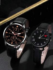 Set de 4 piezas: Cinturón casual y versátil de moda, relojes de cuarzo para pareja con collar colgante con corazón - Negro - Ver 4