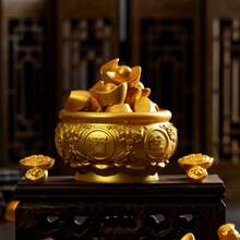 微缩逼真金色财富滚动微景观DIY新年金色饰品，元宝摇钱树装饰，迷你逼真金币，元宝，金条，算盘，如意，花生，大米，福罐，宝罐 - 金色 - 查看 8
