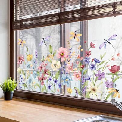 1 pieza Pegatina de ventana con flores silvestres y libélula en acuarela de primavera, calcomanía floral suave, removible e impermeable para el alféizar de la cocina y la decoración de ventanas del hogar