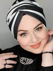 1pc Leopard Print Hooded Scarf Lining Cap, Daily Wear Accessory - Black and White Stripes - View 6