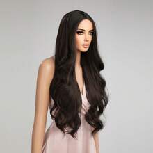 TOPSHE 28-Inch Women's Long Wavy Dark Brown Wig, High-Density Synthetic Heat-Resistant Fluffy Dyed Wig For Daily,Parties, Christmas Costume Role-Playing, Women's Christmas Gifts, Wedding,Music Festivals - Dark Brown - View 3