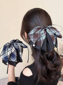 1. 女士精致格子蝴蝶结发夹，法式全扎半马尾发夹，适合秋冬季 - 彩色 - 查看 1